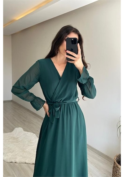 Neşeli Butik Kadın Uzun Kollu Kuşaklı Maxi Şifon Elbise Nm001 Yeşil