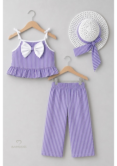 Babyden's Kız Bebek Şapkalı Yazlık Takım 3'lü Doğum Günü Kıyafeti Çizgili Fırfırlı Bluz Pantolon Kombini 9-36 Ay Lila