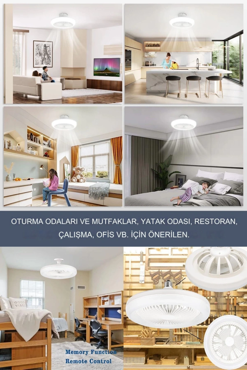 Yeni Nesil E27 Duylu Kumandalı Tavan Vantilatörlü Led Lamba 3 Hız Ayarı Ve 3 Renk Ayarı Çok Renkli