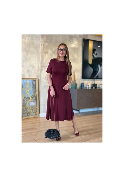 Butik İstanbul Kadın Kısa Kollu Bisiklet Yaka Midi Viskon Iki Iplik Elbise Bordo