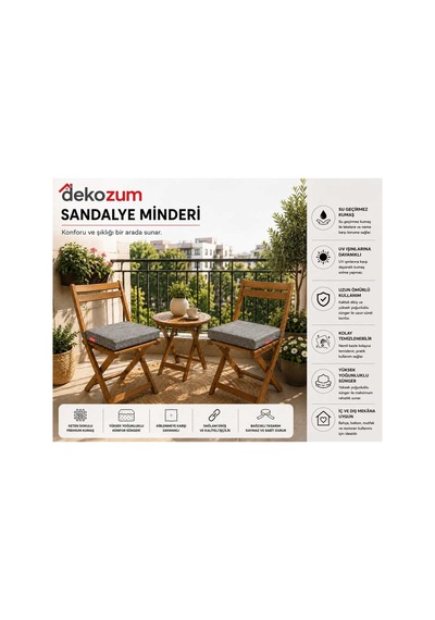 Comfort Plus Sandalye Koltuk Minderi 40x40 Bağcıklı Fermuarlı Yıkanabilir Balkon Bahçe Minderi 2 Li Gri 2li