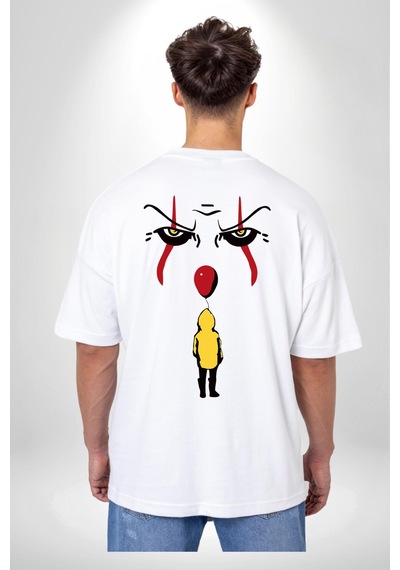 Pennywise Vs Georgie Korku Filmi Beyaz Oversize Unisex Ön Ve Sırt Baskılı Tişört Beyaz