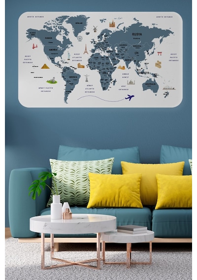 Türkçe Eğitici Ülke Ve Başkent Detaylı Atlası Dünya Haritası Duvar Sticker -60x105-3832 - Renkli Çok Renkli