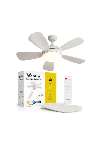 Ventus Vt-tv30w Sessiz Çalışma 5 Kanatlı Işıklı Uzaktan Kumandalı Tavan Tipi Vantilatör