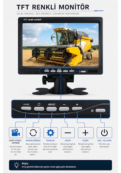 2 Kameralı 7'' İnç Monitörlü Kumandalı Araç Monitör Seti