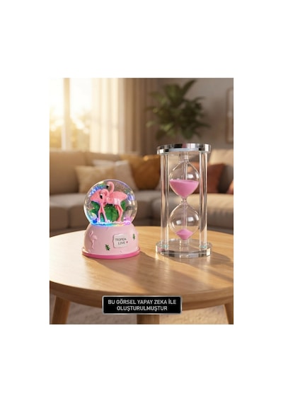 Sevgiliye Hediye Işıklı Flamingo Kar Küresi Ve 5 Dakikalık 13cm Pembe Kum Saati Seti Masa Üstü Biblo