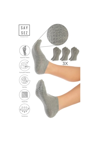 Saysez Bambu Kadın Kaydırmaz Gri Melanj Taban Silikon Baskı Pilates Yoga Fitness Dans Aktivite Patik 3'lü Renkli