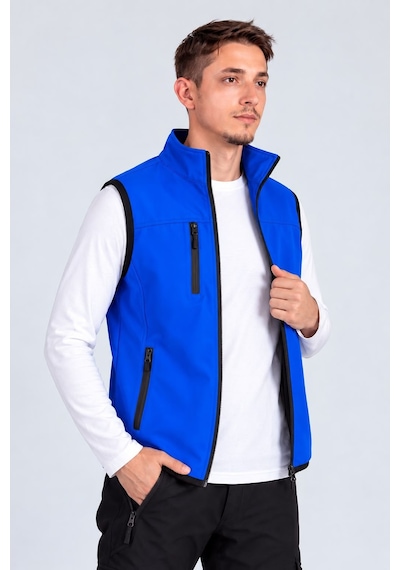 Vatan Tekstil Dik Yaka Slim Fit 3 Cepli Softshell Erkek Yelek Su İtici Kumaş Saks Mavisi