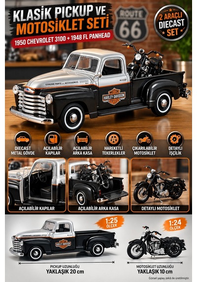 Diecast Pickup Ve Motosiklet Seti 1950 Chevrolet 3100 + 1948 Fl Panhead 20 Cm