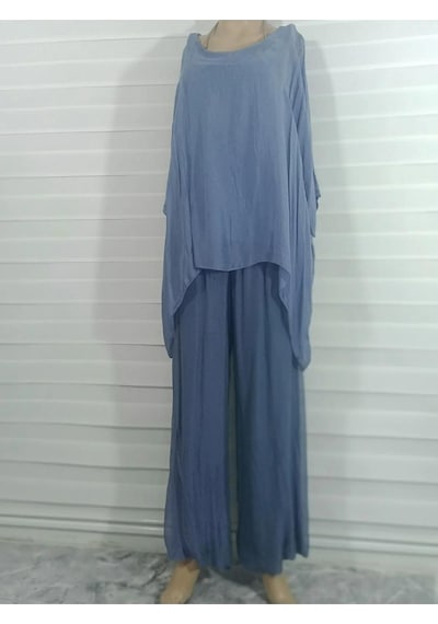 Bohem Stil İtalyan Yarasa Kol İpek Bluz-8869 İndigo Mavi