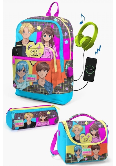 Coral High Kids Gri Mavi Pembe Anime Desenli Usb'li 3'lü Okul Çanta Seti - Kız Çocuk Çok Renkli