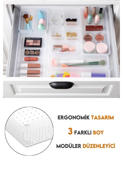 Meleni Home 7 Parça Modüler Organizer Set - Kozmetik Aksesuar Düzenleyici Şeffaf
