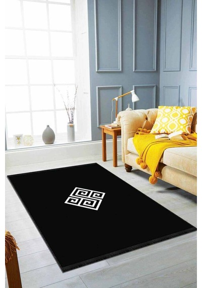 Siyah Modern Klasik Kaymaz Tabanlı Dekoratif Halı Ar069n11