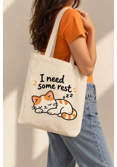 Lunora Collection I Need Some Rest Kedi Baskılı Körüklü Kanvas Bez Çanta Açık Ten