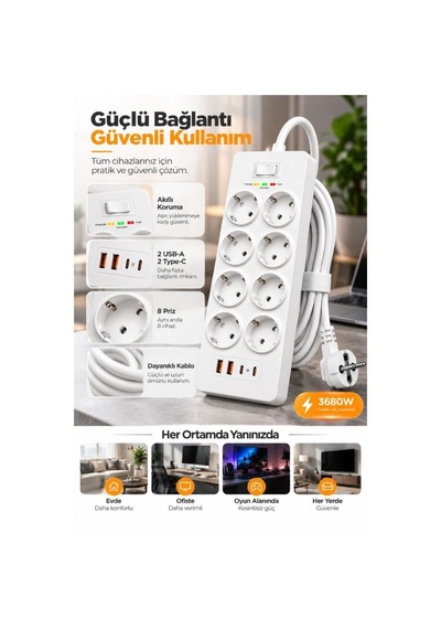 8 Prizli Çoklu Priz 3680w 2 Usb-a + 2 Type-c Akım Korumalı Güç Dağıtıcı 0 - 2 M