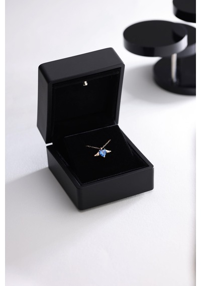 925 Ayar Gümüş Işıklı Kutuda Aquamarin Taşlı Uçuşan Kalp Kolye Rose Gold