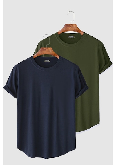 2'li Erkek Lacivert-haki Kolları Katlı Oval Kesim Cepsiz Bisiklet Yaka T-shirt Lacivert-haki