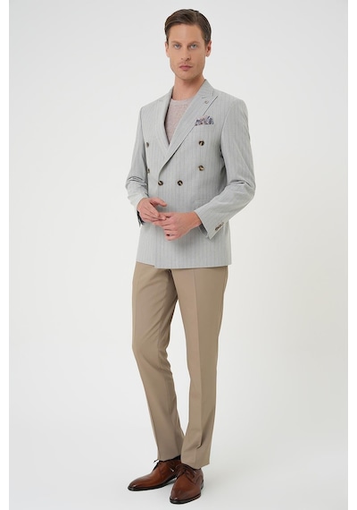 Efor Slim Fit Çift Yırtmaç Çizgili Kruvaze Casual Gri Ceket C 704 Gri