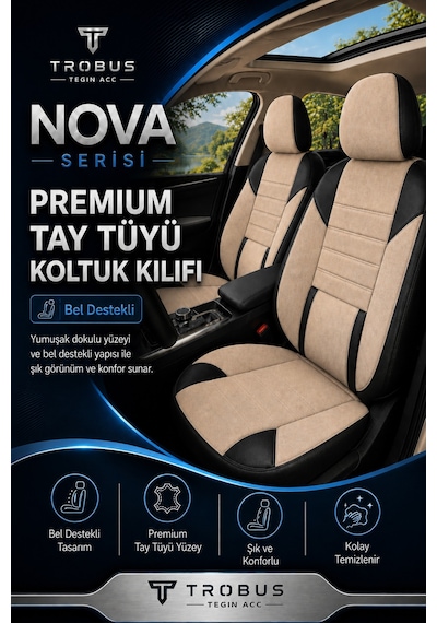 Skoda Rapid 2012+ Uyumlu Nova Serisi Bej Siyah Oto Koltuk Kılıfı