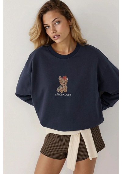 Hiccup İşlemeli Yuvarlak Yaka Sweatshirt Lacivert