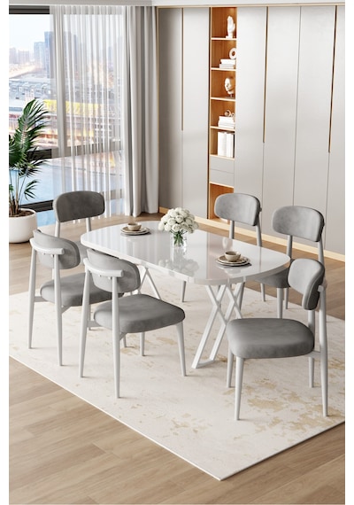 Canisa Jolin Serisi Mdf 90x168 Beyaz Mutfak Masa Takımı 6 Gri Metal Sandalye Beyaz Masa, Gri Sandalye Canisa Jolin Serisi Mdf 90x168 Beyaz Mutfak Masa Takımı 6 Gri Metal Sandalye Beyaz Masa, Gri Sandalye