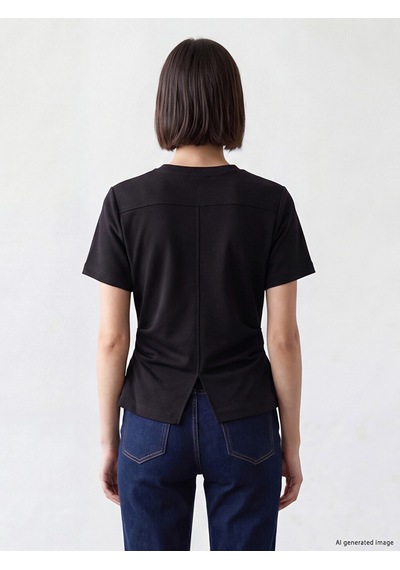 Lcw Comfort Siyah Bisiklet Yaka Büzgülü Kadın Tişört