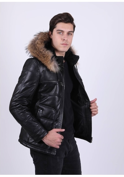 New Zaya Leather Erkek Şişme Deri Ceket Siyah