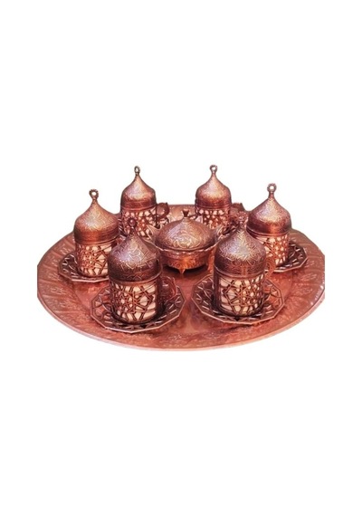 6 Kişilik Bakır Fincan Seti Zamak Selçuklu Motifli Metalik