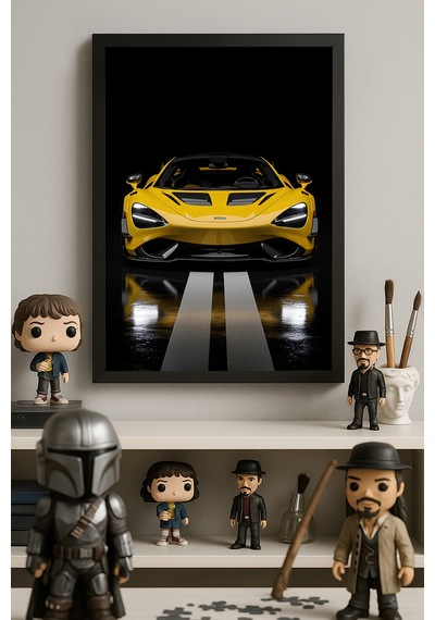 Mclaren 765lt Siyah Ahşap Çerçeveli Poster, Dekoratif Araba Duvar Tablosu