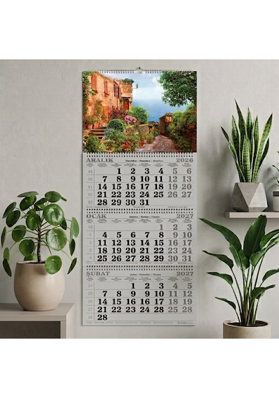 2027 Yılı 33x86 Cm Spiralli Jumbo Gemici Takvimi 3 Aylık Çiçekli Ev
