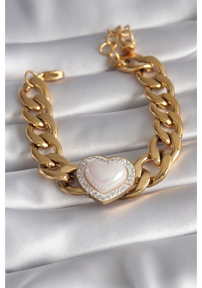 316l Çelik Gold Renk Pembe 3d Kalp Model Zirkon Taşlı Kadın Bileklik