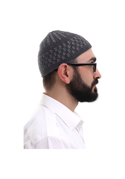 Füme Gri Hasır Desen Kışlık Kadife Namaz Takkesi Füme
