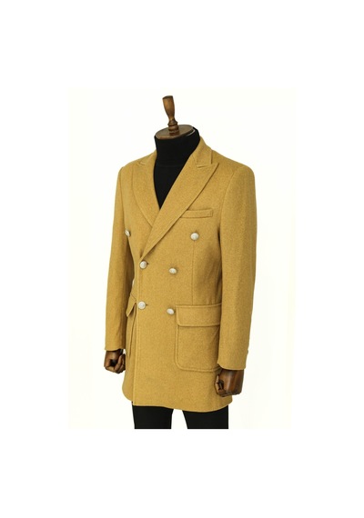 Metal Düğmeli Yün Kaşe Taba Erkek Kruvaze Kaban - Wessi Siyah