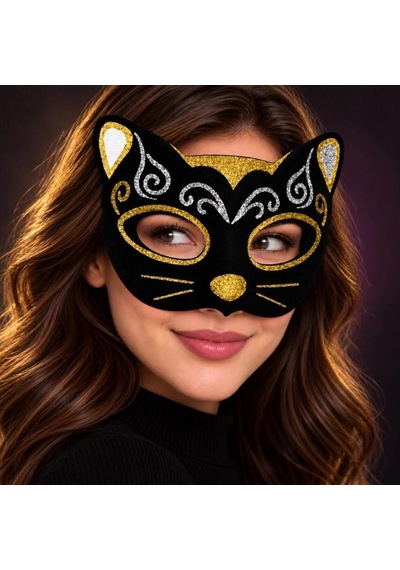 Şık Kadife Dokulu Kedi Maskesi 20x13 Cm Altın Gümüş