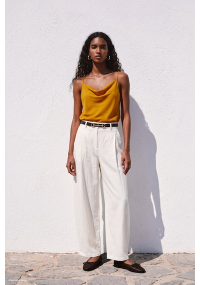 Sateen Askılı Degaje Yaka Bluz - Safran-137670