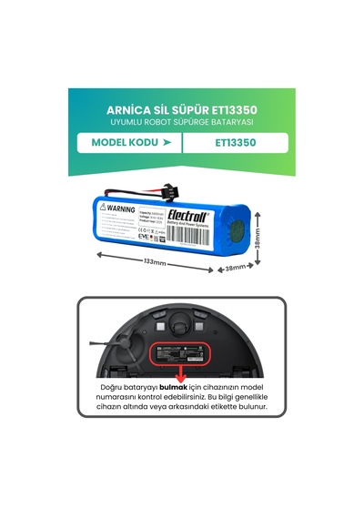Arnica Sil Süpür Et13350 Uyumlu Batarya Ultra Yüksek Kapasite 6400mah Pil Robot Süpürge Bataryası