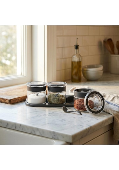 Lexroo Jarkin Baharatlık Seti, Cam Kavanoz, Contalı Hava Almaz Kapak Ve Kaşık Dahil, 3'lü Set Şeffaf Cam