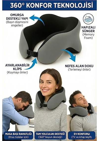 Vıscora Space Memory Foam Ortopedik Boyun Yastığı Seyahat Ve Ofis Kullanımı Gri - Siyah