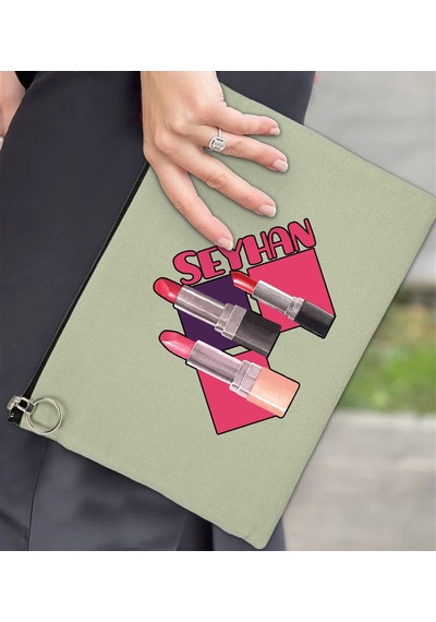 Bk Gift Kişiye Özel İsimli-2 Astarlı Mint Yeşili Portföy Çanta 30x21cm, Baskılı El Çantası, Organizer Çanta