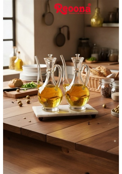 Reoona Mermer Stantlı Borosilikat Cam Glorry Yağlık 700 Ml+700 Ml Şeffaf - Şeffaf