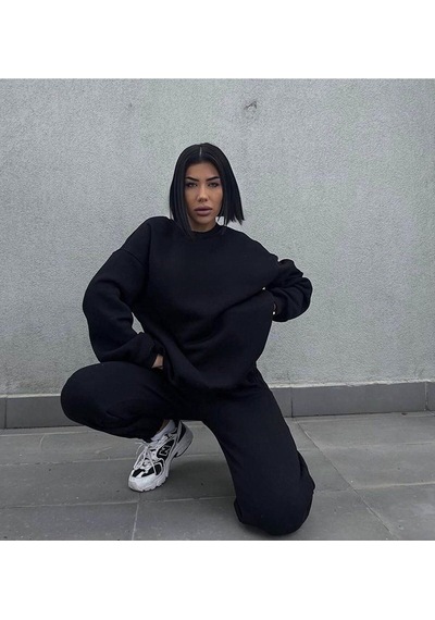 Baskısız Eşofman Takımı Sweatshirt Jogger - Siyah Oversize Şardonlu Bisiklet Yaka Siyah
