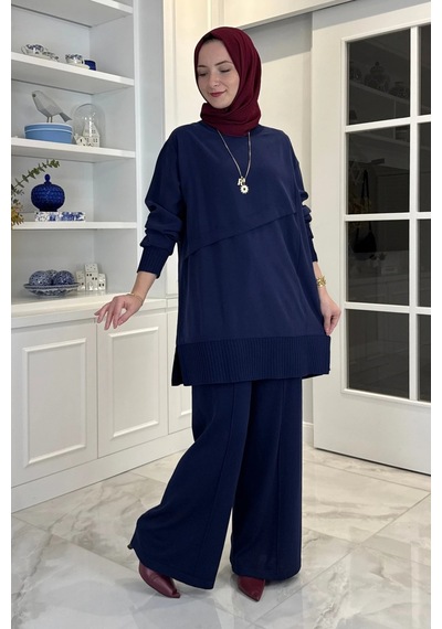 Rabia Şamlı Miray Triko-modal Pantolonlu Takım Lacivert Normal
