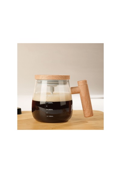 3 Adet Otomatik Karıştırıcılı Cam Kupa Şarjlı Kendini Karıştıran Fincan, Ahşap Görünümlü Kulplu, Ölçü Çizgili, Self-stirring Mug