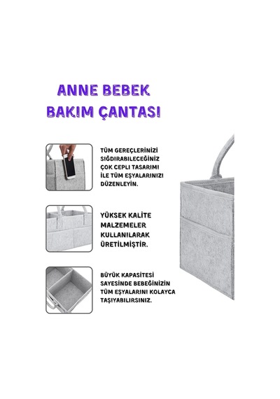 Pratik Düzenleyici Keçe Bebek Bakım Organizeri Anne Bebek Bakım Çantası Gri