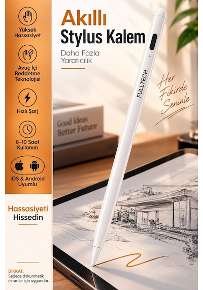 Exenar - Beyaz - Akıllı Attif Stylus Kalem Apple iPad Android Uyumlu Palm Rejection Hassas Dokunmatik Yazı Ve Çizim Kalemi 1