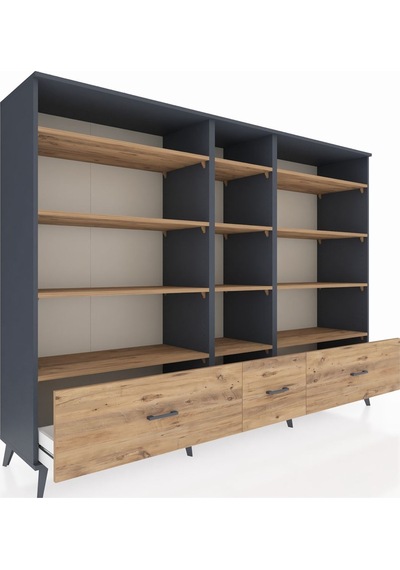 Hyperion Dolap 12 Raflı 3 Çekmeceli 220x44x163 Antrasit-çam Antrasit-çam