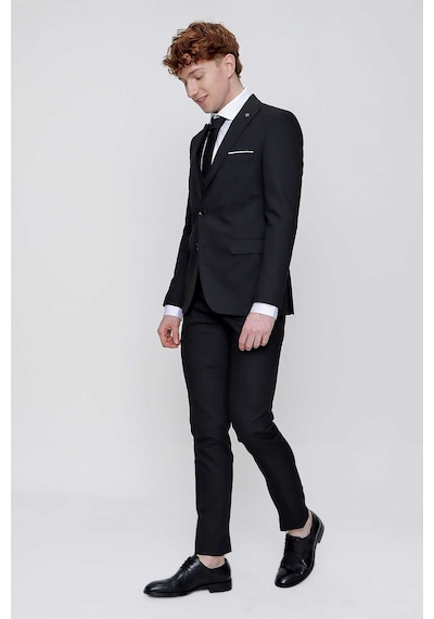 Morven Siyah Yelekli Jakarlı Slim Fit Dar Kesim 6 Drop Erkek Takım Elbise Siyah