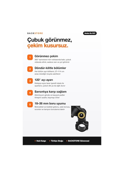 Insta360 X5 X4 X3 Uyumlu Görünmez Selfie Çubuğu Gidon Montaj Kiti 114 Cm Motosiklet Bisiklet Siyah