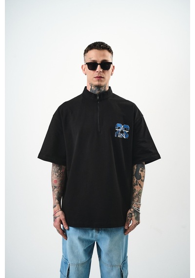 Respire Erkek 22 Baskılı Yarım Fermuarlı Oversize T-shirt Siyah
