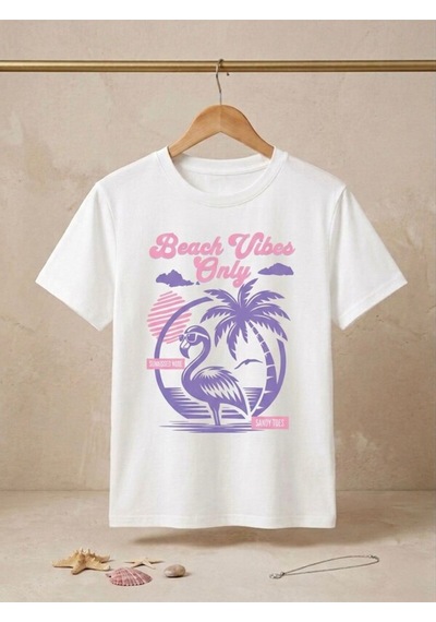 Flamingo Baskılı Oversize Kompak T-shirt Beyaz